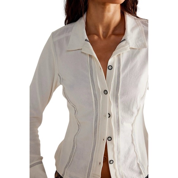 Free People Top Womens Size L Tiny White Button Up Long Sleeve Boho Y2K Style - Picture 4 of 16